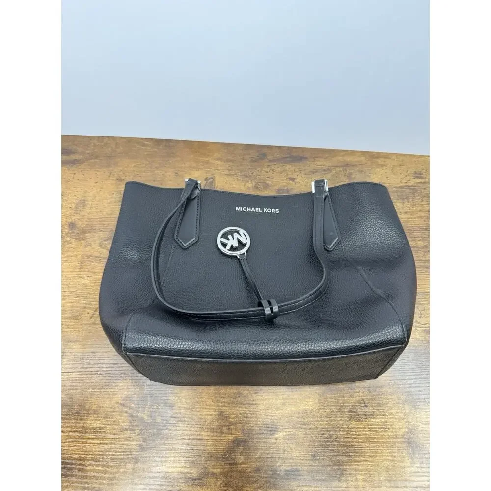 Michael Kors Kimberly Large Leather Top Zip Bonded Tote Solid Black Silver Charm